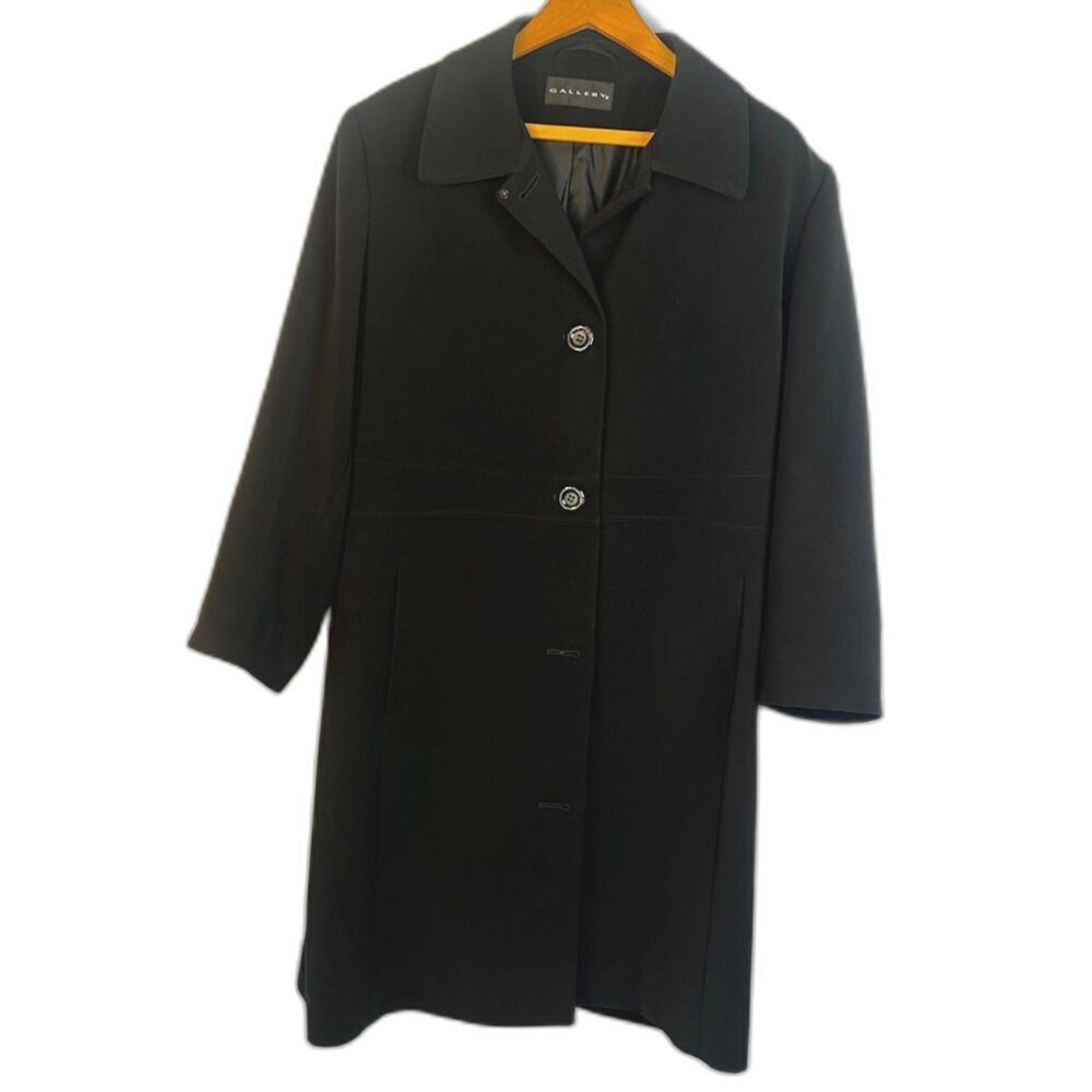 Gallery‎ Trench Coat Single Breasted Longline Classic Black Neutral Minimal MD*